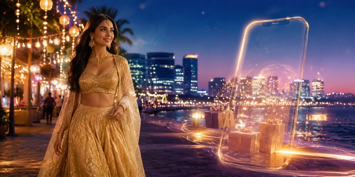 Indian woman playing casino games on mobile device wearing lehenga